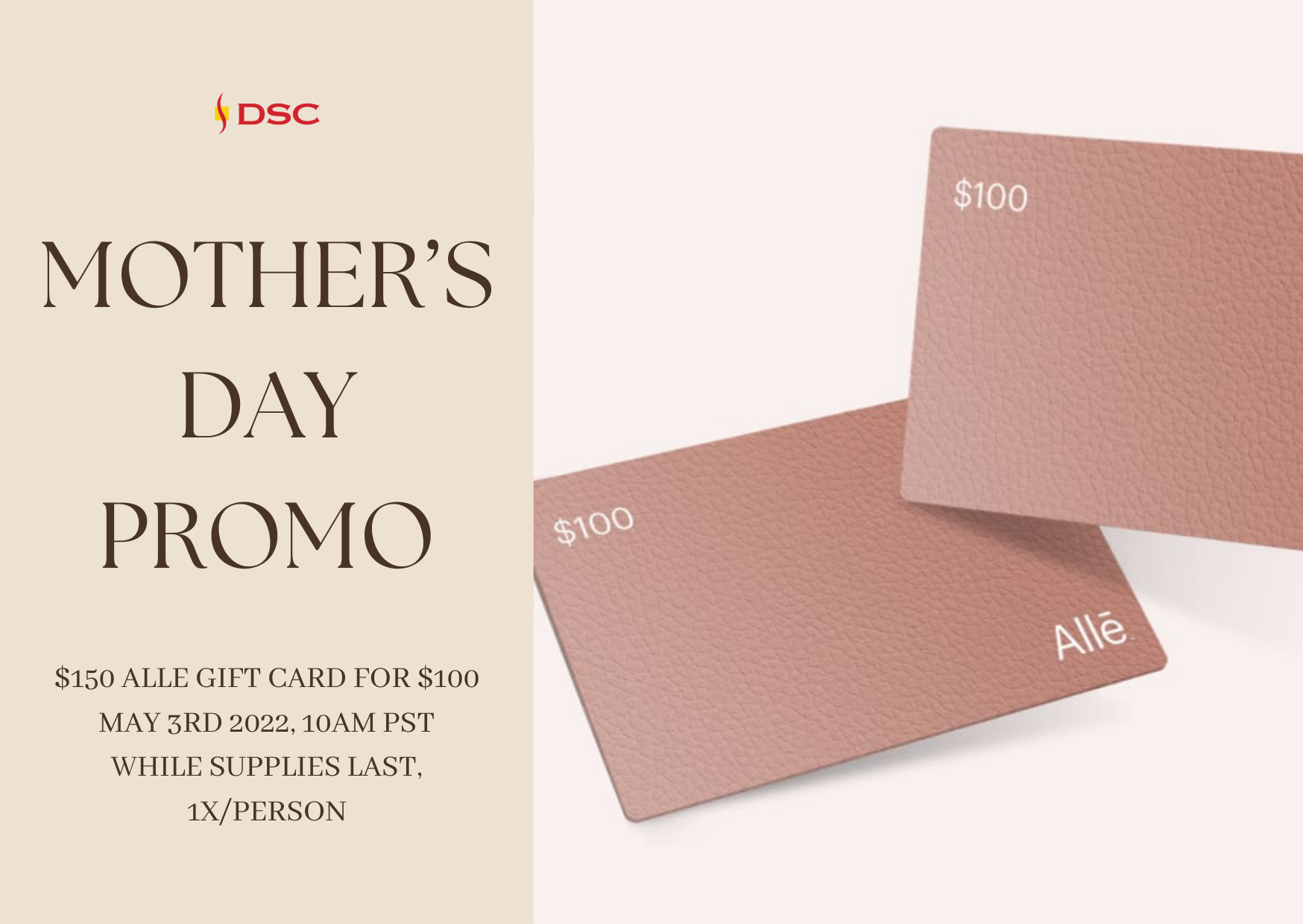 DSC Alle Mother’s Day May 3rd 2022 Gift Card Flash Sale 10AM PST
