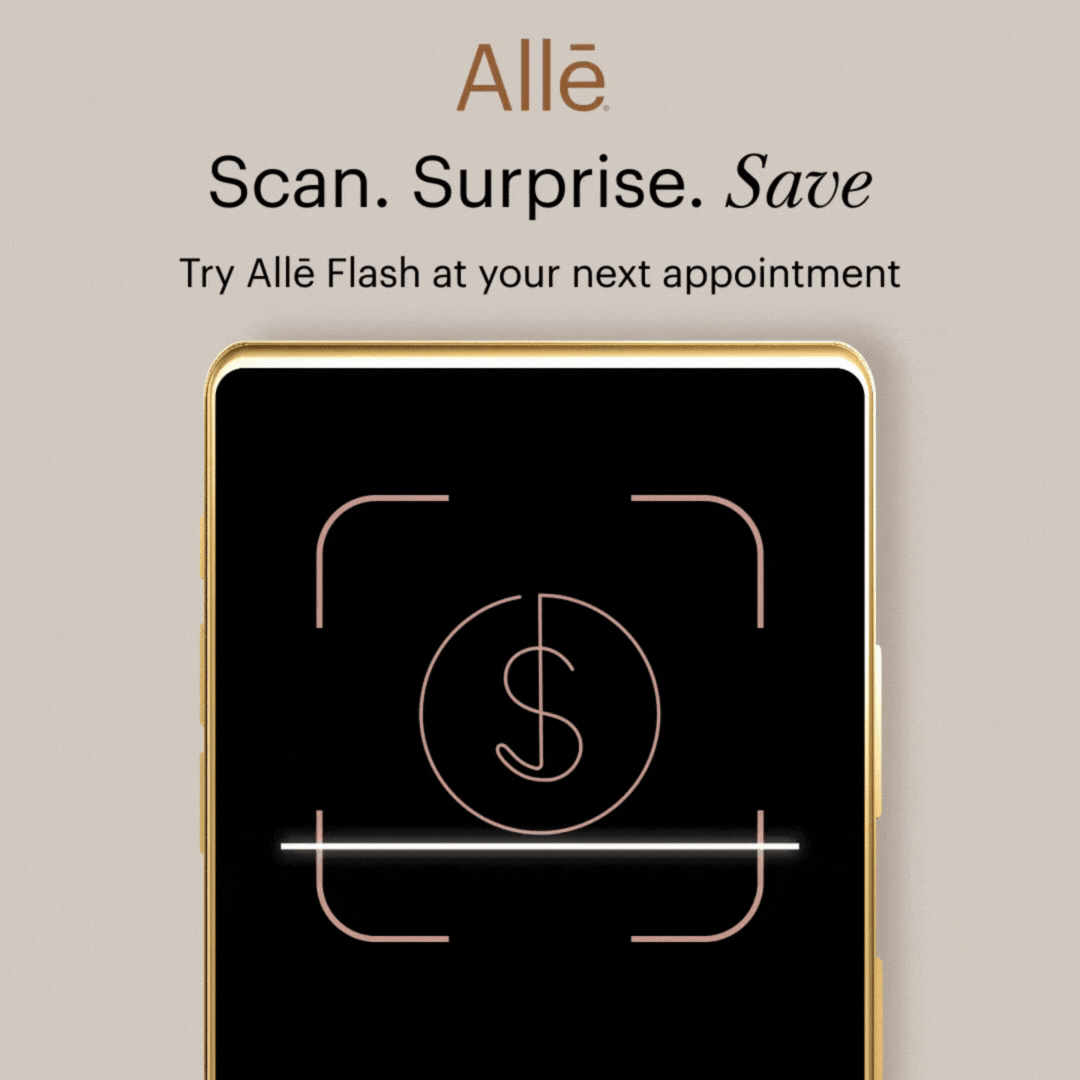 Alle Flash QR Code Animation with phone showing a dollar sign being scanned with the text "Alle Scan. Suprise. Save. Try Alle Flash at your next appointment" above the phone