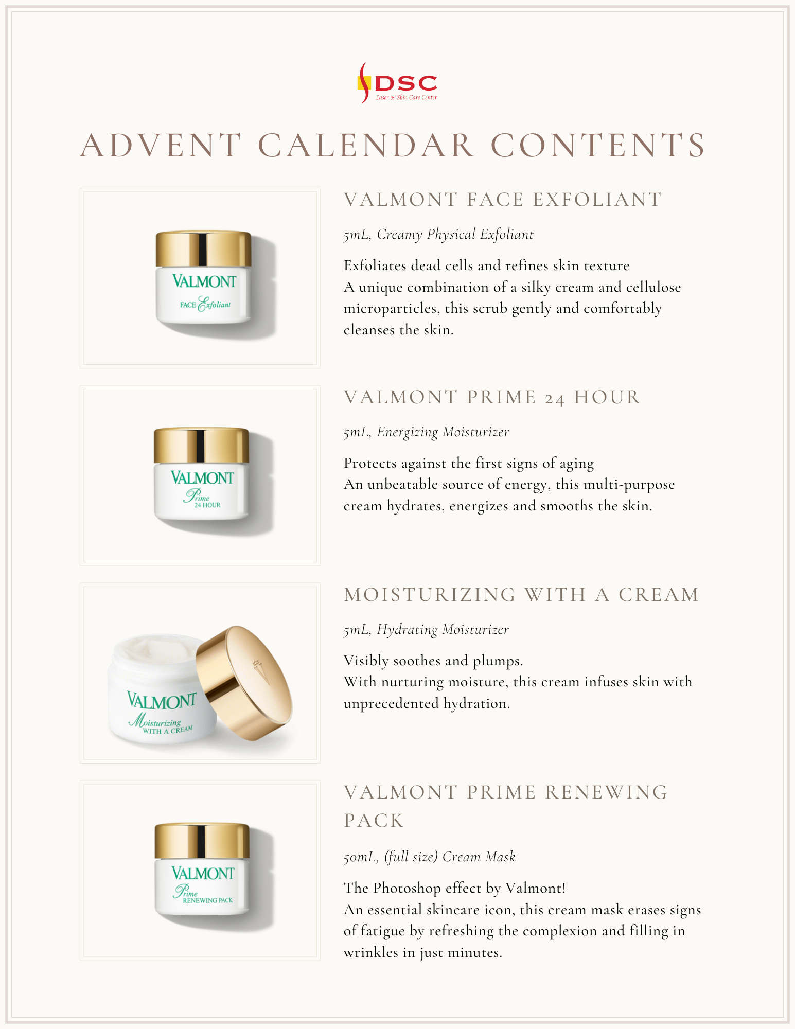 Valmont Cosmetics 2022 advent calendar contents page 1 of 3 with Face Exfoliant, Prime 24 Hour moisturizer, Moisturizing with a Cream moisturizer, and Prime Renewing Pack