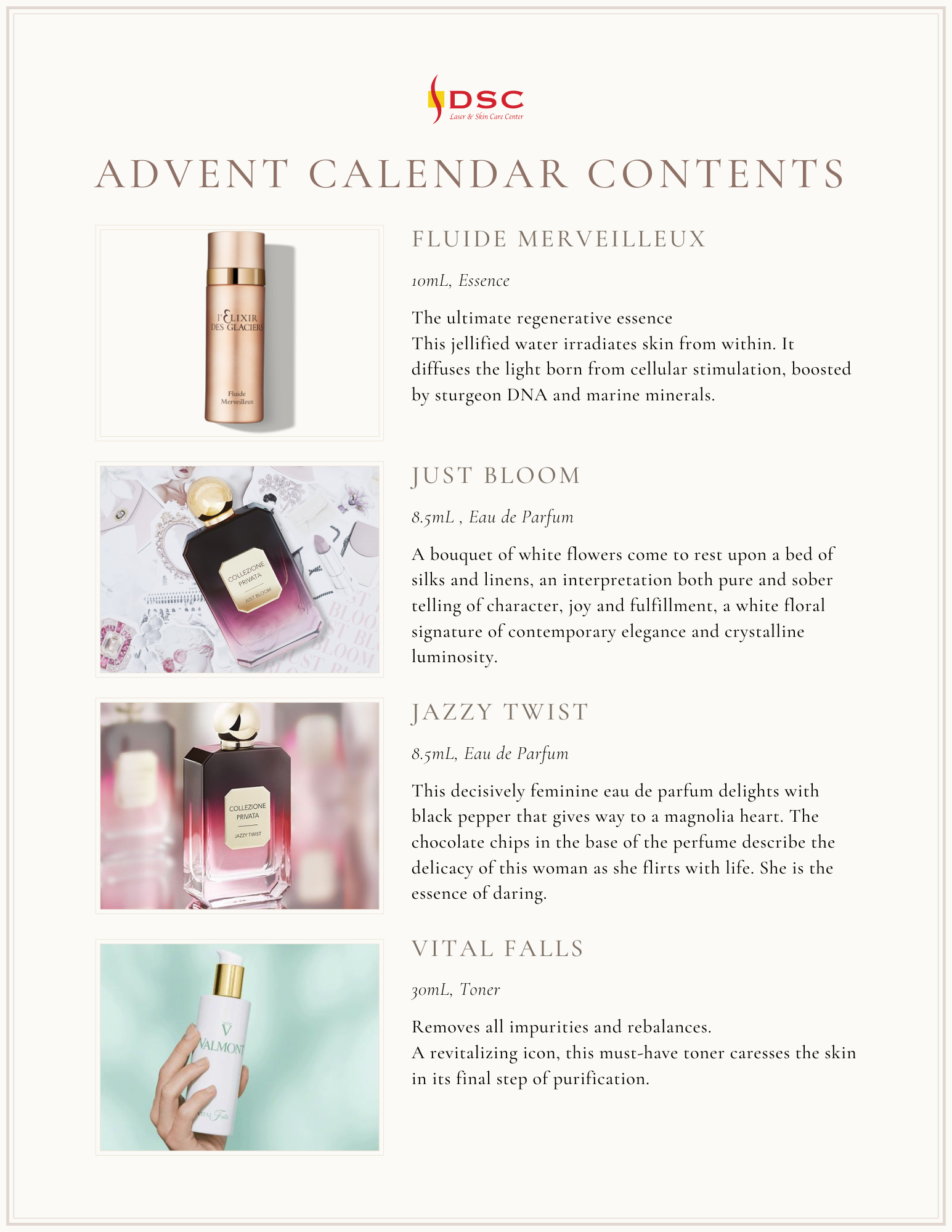 Valmont Cosmetics 2022 advent calendar contents page 2 of 3 with Fluide Merveilleux, Storie Veneziane Just Bloom Eau de Parfum, Jazzy Twist Eau de Parfum, and Valmont Vital Falls Toner