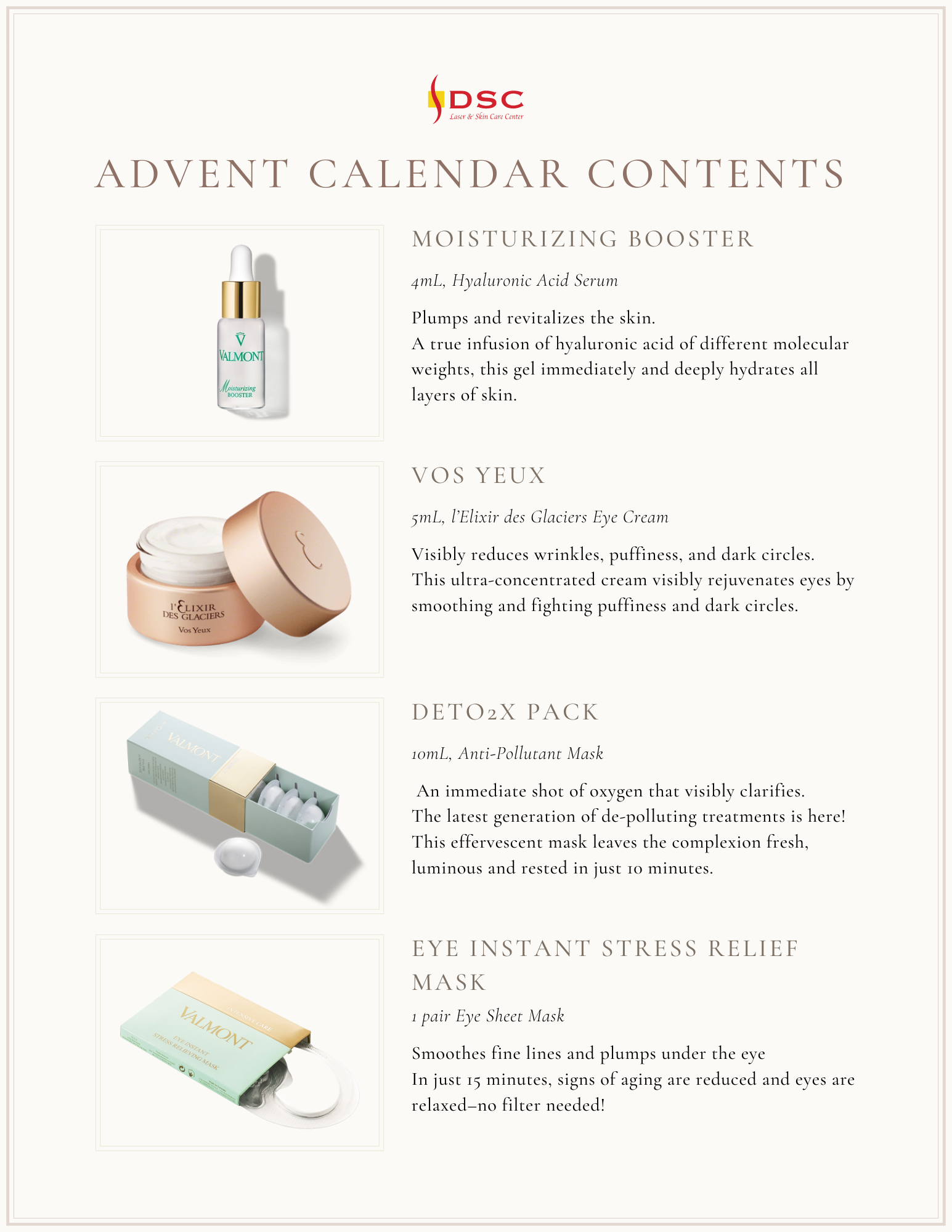 Valmont Cosmetics 2022 Advent Calendar Contents Page 3 of 3 with Valmont Moisturizing Booster, Vos Yeux, Deto2x Pack, and Eye Instant Stress Relief Mask
