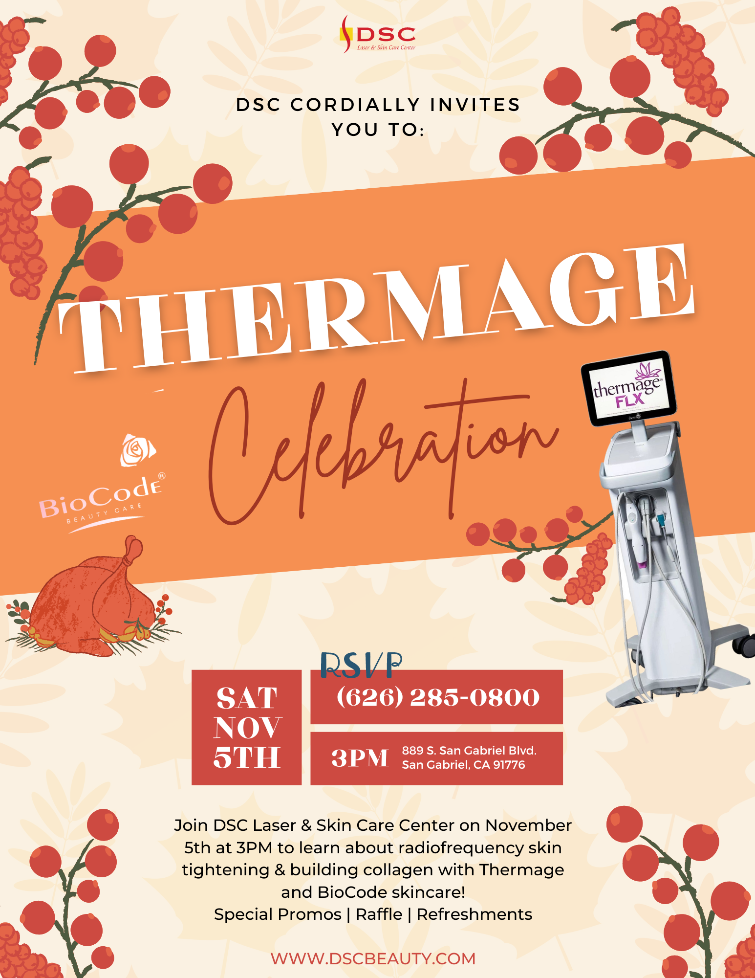 Flyer for DSC Laser & Skin Care Center x Thermage Saturday November 5th at 3PM Event 