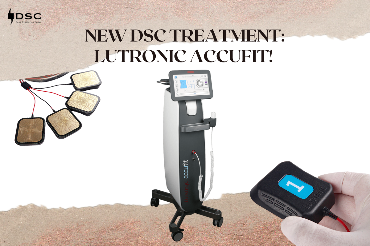 New DSC Laser & Skin Care Center Lutronic Accufit Blog Post Banner With Lutronic Accufit Device, Close up of contacts, and backside of contact