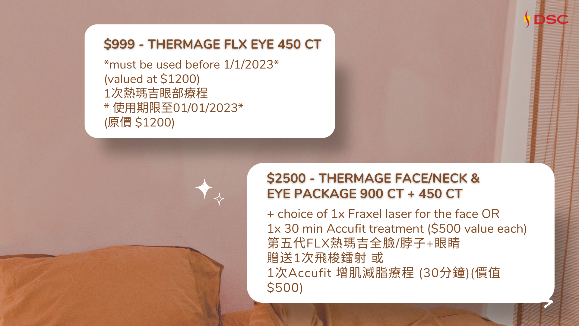 Thermage FLX Eye & face and neck graphic featuring DSC Black Friday and 11/11 deal of $999 for thermage eye and $2500 for face, neck and eye with 1x accufit or 1x fraxel laser free
