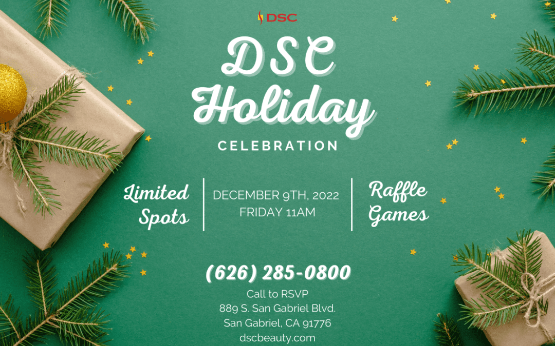 DSC Laser & Skin Care Center December 2022 Holiday Seminar Event Featuring SkinMedica Flyer on green background with pine and gifts as border and text that says" limited spots" and "raffle and games"