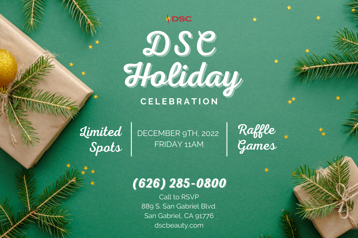 DSC Laser & Skin Care Center December 2022 Holiday Seminar Event Featuring SkinMedica Flyer on green background with pine and gifts as border and text that says" limited spots" and "raffle and games"