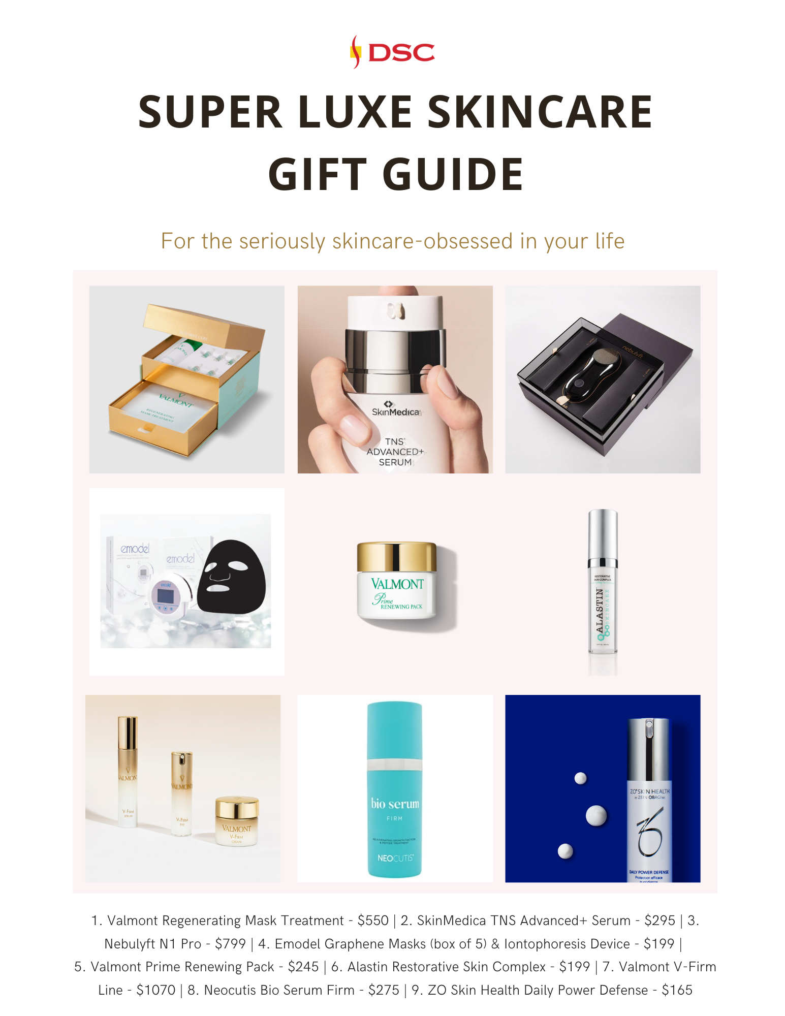 DSC 2022 holiday gift guide for luxury skincare graphic featuring 3x3 grid of 9 luxury skincare product picks with the text "for the seriously skincare-obsessed in your life" at the top and the text "1. Valmont Regenerating Mask Treatment - $550 | 2. SkinMedica TNS Advanced+ Serum - $295 | 3. Nebulyft N1 Pro - $799 | 4. Emodel Graphene Masks (box of 5) & Iontophoresis Device - $199 | 5. Valmont Prime Renewing Pack - $245 | 6. Alastin Restorative Skin Complex - $199 | 7. Valmont V-Firm Line - $1070 | 8. Neocutis Bio Serum Firm - $275 | 9. ZO Skin Health Daily Power Defense - $165" at the bottom