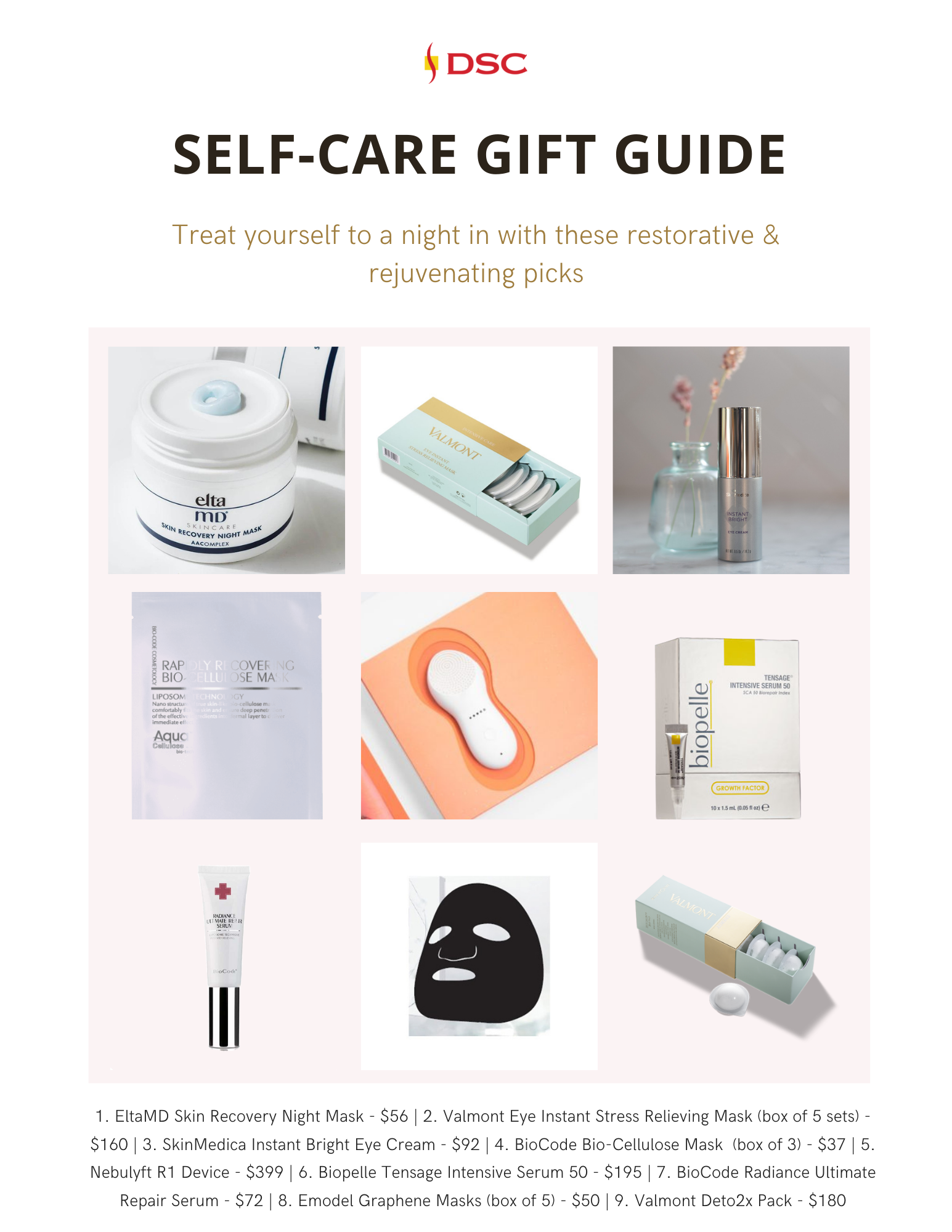 DSC 2022 holiday gift guide graphic of 9 skincare products for self-care featuring a 3x3 grid of products with the text "treat yourself to a night in with these restorative & rejuvenating picks" and the text "1. EltaMD Skin Recovery Night Mask - $56 | 2. Valmont Eye Instant Stress Relieving Mask (box of 5 sets) - $160 | 3. SkinMedica Instant Bright Eye Cream - $92 | 4. BioCode Bio-Cellulose Mask (box of 3) - $37 | 5. Nebulyft R1 Device - $399 | 6. Biopelle Tensage Intensive Serum 50 - $195 | 7. BioCode Radiance Ultimate Repair Serum - $72 | 8. Emodel Graphene Masks (box of 5) - $50 | 9. Valmont Deto2x Pack - $180" at the bottom