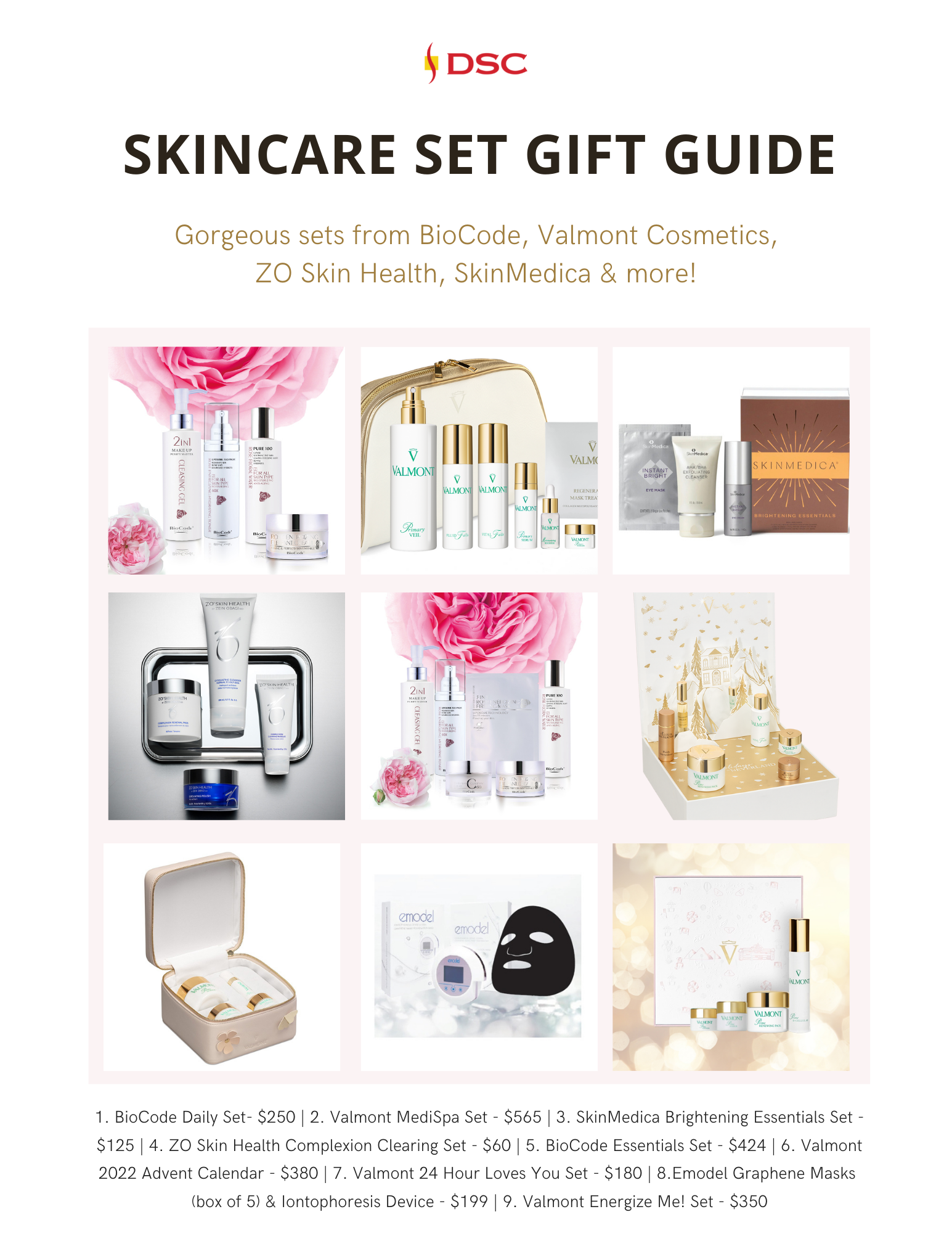 DSC 2022 holiday gift guide graphic for skincare sets featuring 3x3 grid of 9 skincare products with the text "Gorgeous sets from BioCode, Valmont Cosmetics, ZO Skin Health, SkinMedica & more!" at the top and the text "1. BioCode Daily Set- $250 | 2. Valmont MediSpa Set - $565 | 3. SkinMedica Brightening Essentials Set - $125 | 4. ZO Skin Health Complexion Clearing Set - $60 | 5. BioCode Essentials Set - $424 | 6. Valmont 2022 Advent Calendar - $380 | 7. Valmont 24 Hour Loves You Set - $180 | 8.Emodel Graphene Masks (box of 5) & Iontophoresis Device - $199 | 9. Valmont Energize Me! Set - $350" at the bottom