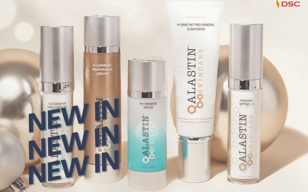 Alastin Skincare Blog Banner Image with background of Restorative Skin Complex, A-Luminate Brightening Serum, HA Immerse Serum, Hydratint Pro Mineral Sunscreen, & Renewal Retinol 0.5 products against gold backdrop