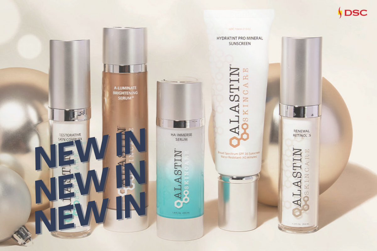 Alastin Skincare Blog Banner Image with background of Restorative Skin Complex, A-Luminate Brightening Serum, HA Immerse Serum, Hydratint Pro Mineral Sunscreen, & Renewal Retinol 0.5 products against gold backdrop