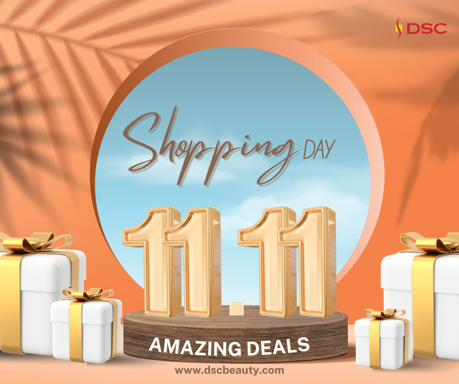11.11 and Black Friday Blog Banner for 2022 Blog banner for DSC Laser & Skin Care Center’s 11/11 & Black Friday sale with gifts on either side of a 11.11 with amazing deals and shopping day for blog banner