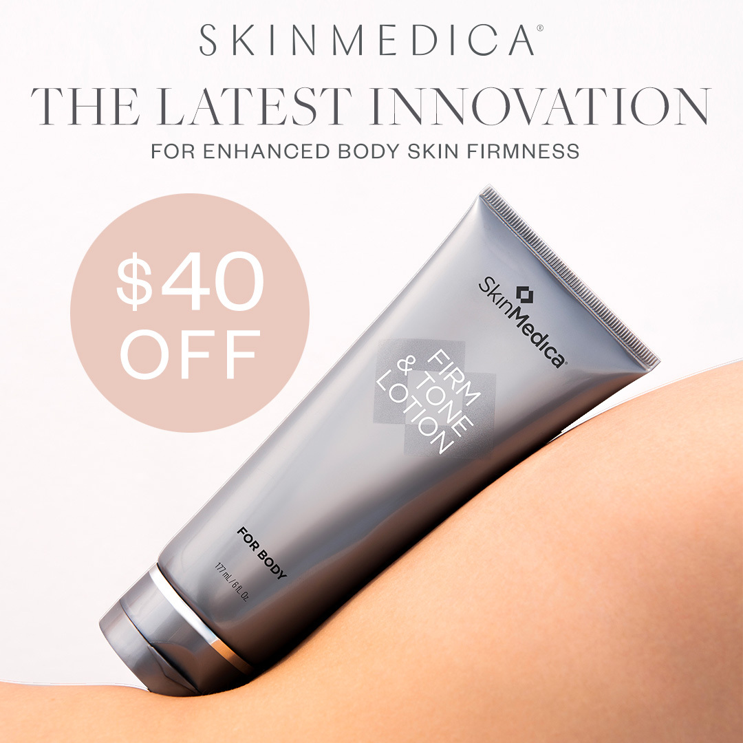 SkinMedica Firm & Tone Lotion $40 Off with Alle Offer image with lotion bottle on body