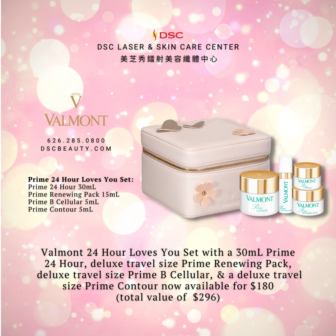 Valmont Prime 24 Hour Loves You Set image overlaying pink sparkly background with the text "DSC Laser & Skin Care Center" in english and chinese above the set, Valmont logo to the left of the set, set contents: "Prime 24 Hour 30mL, Prime Renewing Pack 15mL, Prime B Cellular 5mL, Prime Contour 5mL" and the text, "Valmont 24 Hour Loves You Set with a 30mL Prime 24 Hour, deluxe travel size Prime Renewing Pack, deluxe travel size Prime B Cellular, & a deluxe travel size Prime Contour now available for $180 (total value of $296)" below the set 