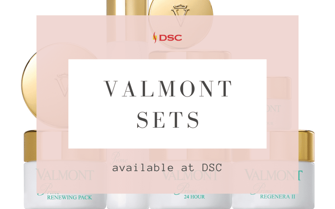 "Valmont Sets available at DSC" text on pink background overlaying Valmont products in the background