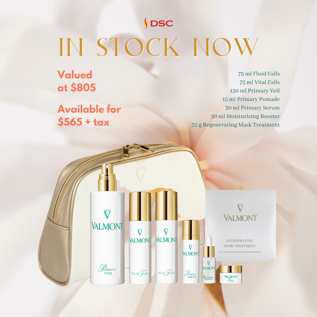 Valmont Medispa Set image overlaid on flower background with the text "In Stock Now" above the set, the text "Valued at $805" and "Availble for $565 + tax" to the left and set contents to the right of the set "75 ml Fluid Falls, 75 ml Vital Falls, 150 ml Primary Veil, 15 ml Primary Pomade, 30 ml Primary Serum, 20 ml Moisturizing Booster, 35g Regenerating Mask Treatment