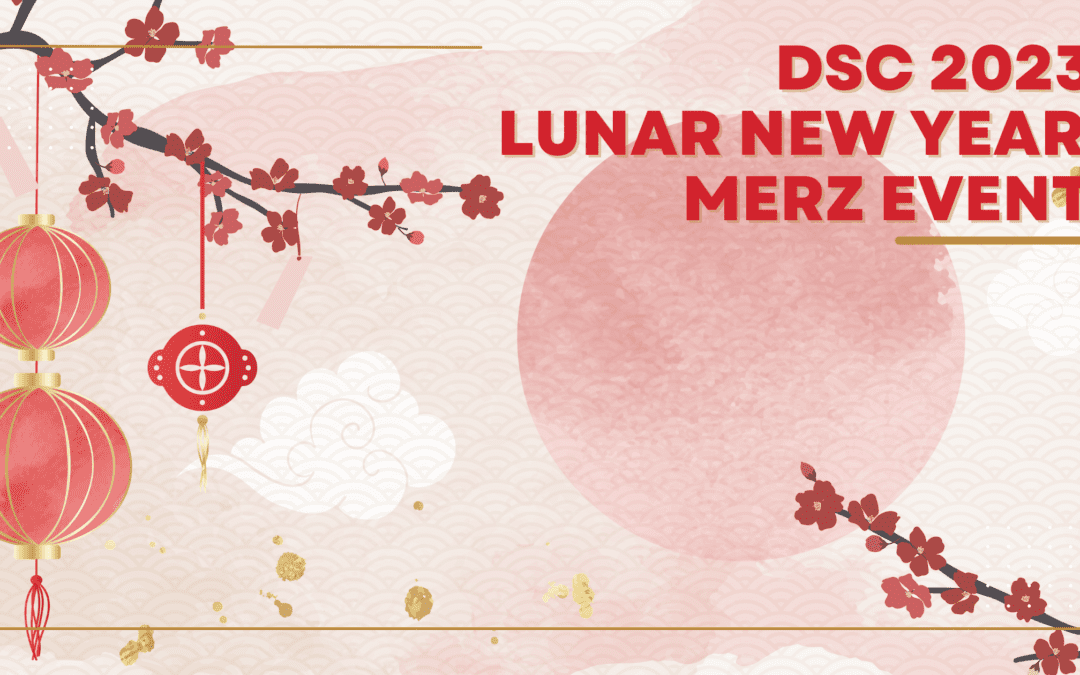 DSC 2023 Lunar New Year Merz Event text in red on right side of banner with cherry blossoms and lanterns on the left