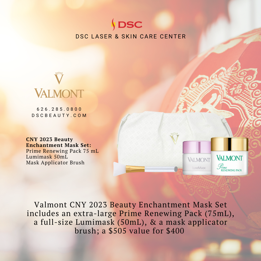 Valmont Cosmetics 2023 lunar new year gift set graphic with 75ml Prime Renewing Pack and 50ml full size Lumimask Gift Set with mask brush on red lantern background from DSC Laser & Skin Care Center