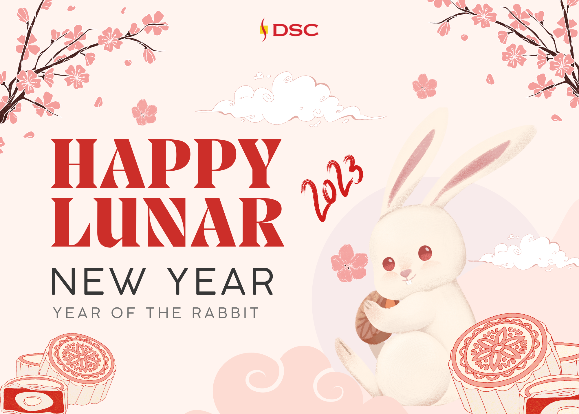 CNY 2023 red pocket blog banner Happy Lunar New Year 2023 red text on pink bakground with rabbit and clouds and cherry blossoms
