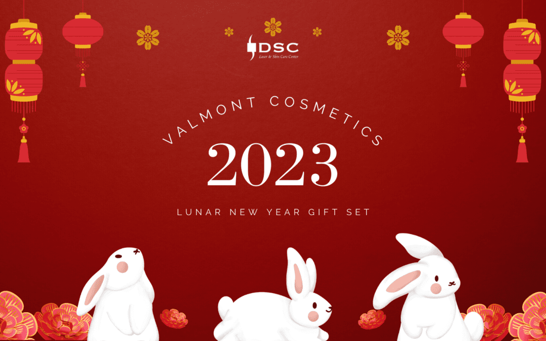 Valmont Cosmetics 2023 Lunar New Year Set text on red background with white rabbits