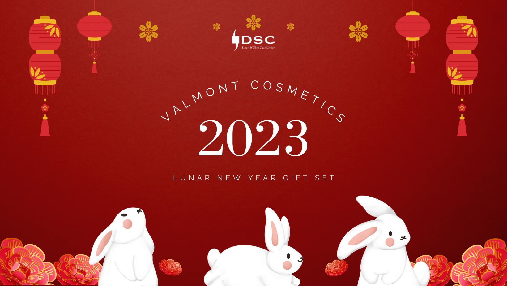 Valmont Cosmetics 2023 Lunar New Year Set text on red background with white rabbits
