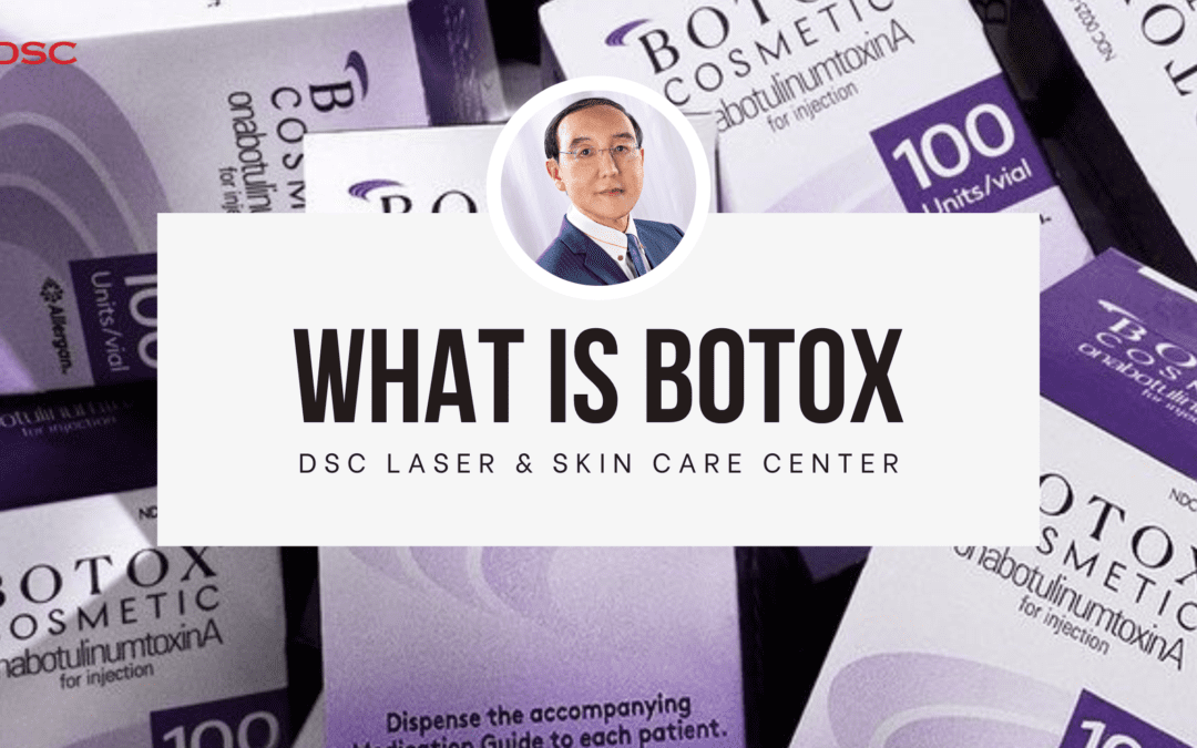 What is Botox Text and DSC Laser & Skin Care Center text with Dr. Tony K Shum MD headshot and botox box packaging background