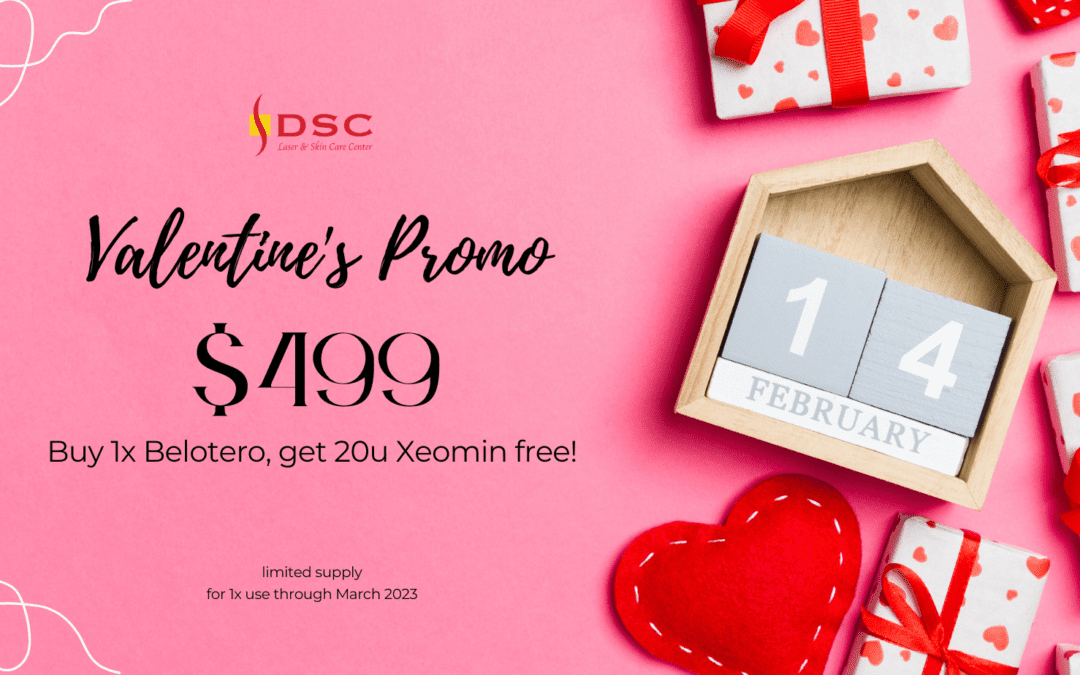 Pink background with heart wrapping paper wrapped gifts and 14th of February calendar block with the text "Valentine's Promo $499 buy 1x Belotero and get 20 units Xeomin free" text belotero promo