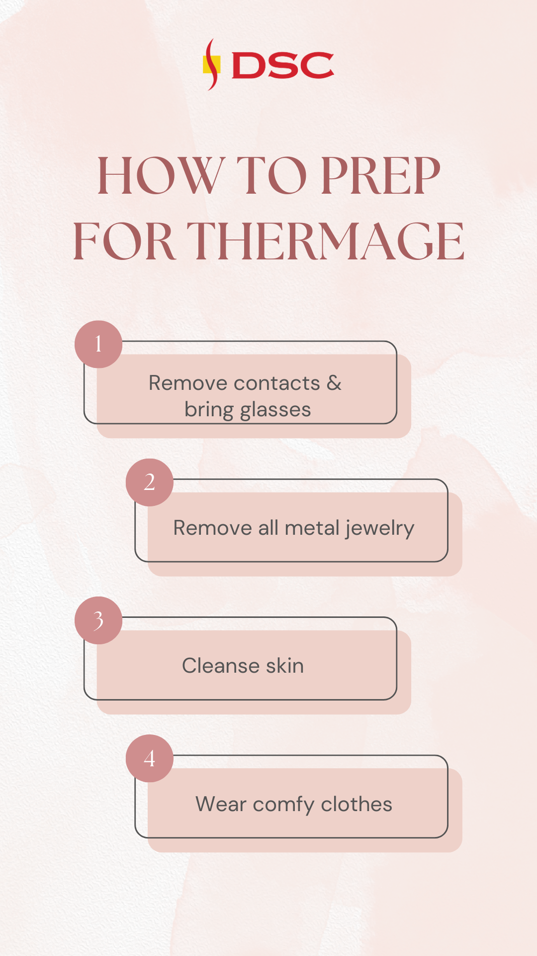 DSC blog graphic titled "how to prep for thermage" at the top with the following text below: "remove contacts & bring glasses," "remove all metal jewelry," "cleanse skin," and "wear comfy clothes"