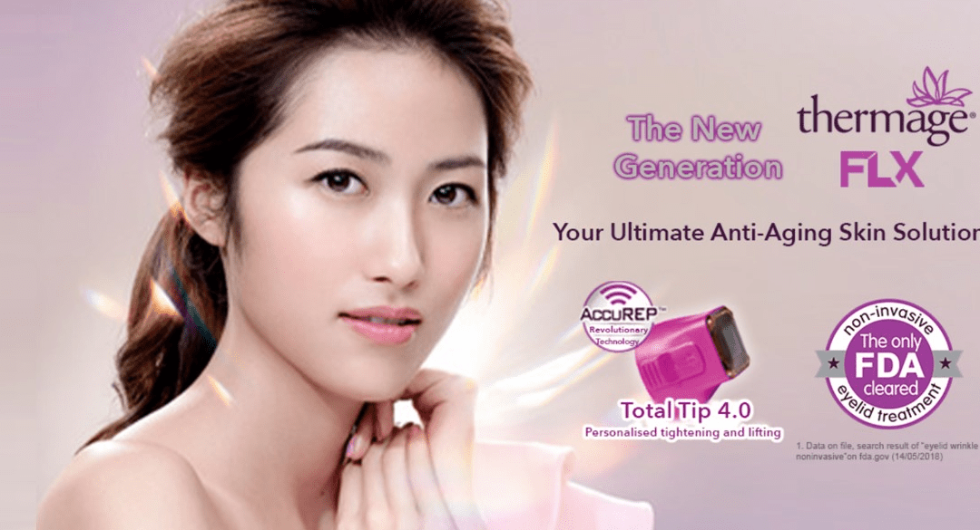 DSC Thermage FLX blog banner featuring woman's face and the text "The new generation" and "Your ultimate anti-aging skin solution" above an image of the Thermage treatment tip and a badge with the text "The only FDA-cleared non-invasive eyelid treatment"