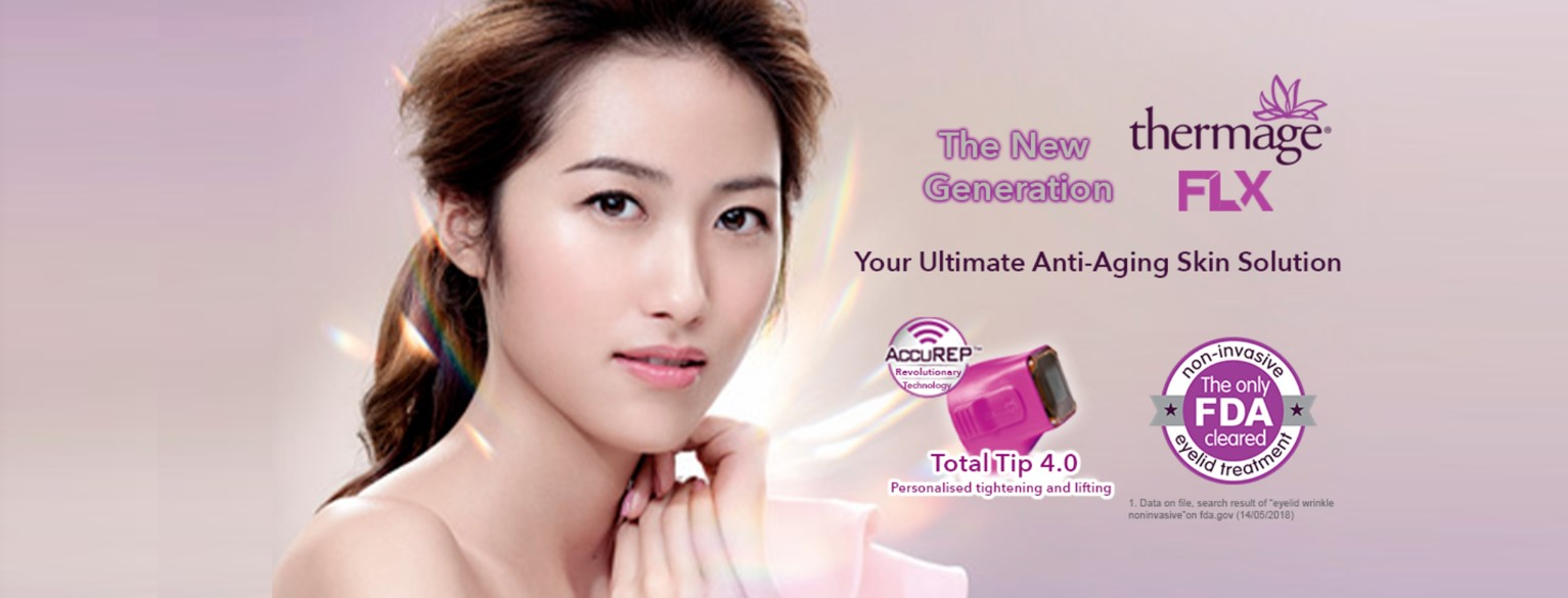DSC Thermage FLX Blog Banner DSC Thermage FLX blog banner featuring woman's face and the text "The new generation" and "Your ultimate anti-aging skin solution" above an image of the Thermage treatment tip and a badge with the text "The only FDA-cleared non-invasive eyelid treatment"