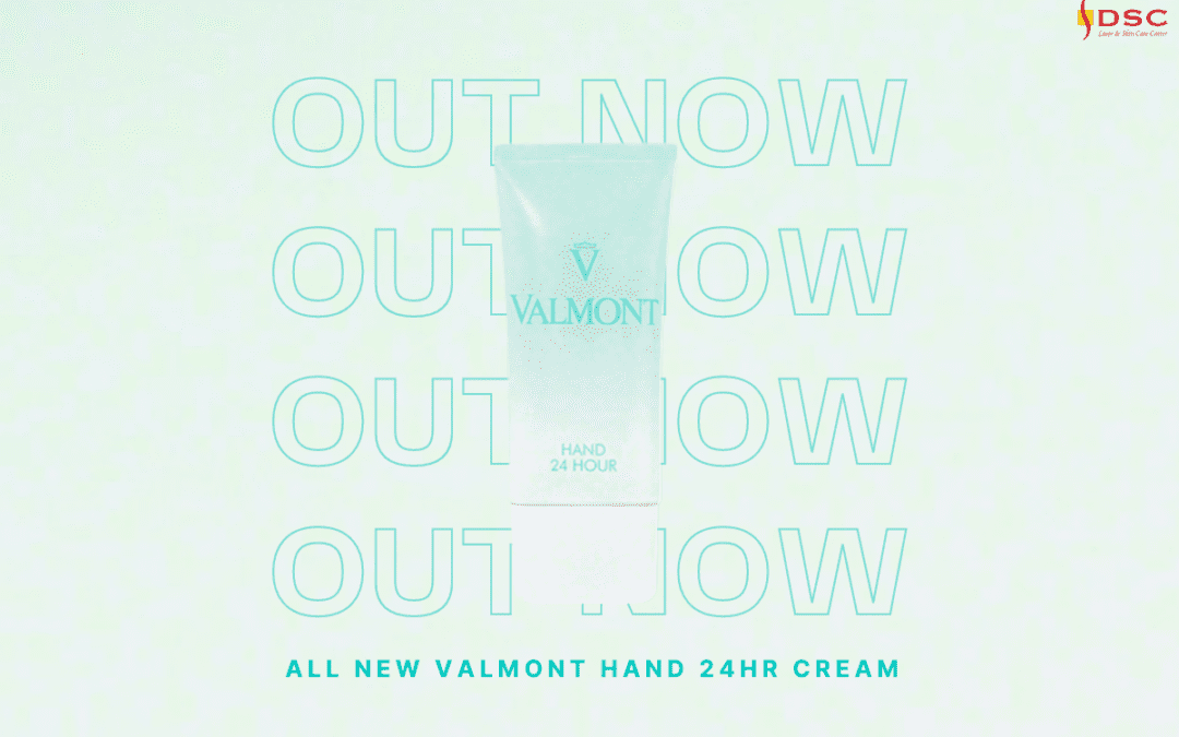 Valmont Hand 24Hr Hand Cream product over Out Now text with the text "All new Valmont Hand 24Hr Cream" at the bottom for blog banner