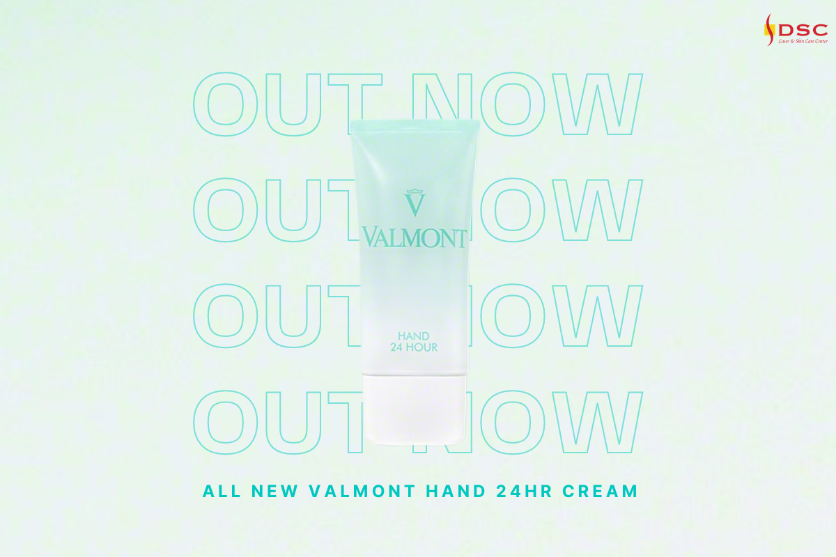 valmont 24hr hand cream blog banner Valmont Hand 24Hr Hand Cream product over Out Now text with the text "All new Valmont Hand 24Hr Cream" at the bottom for blog banner