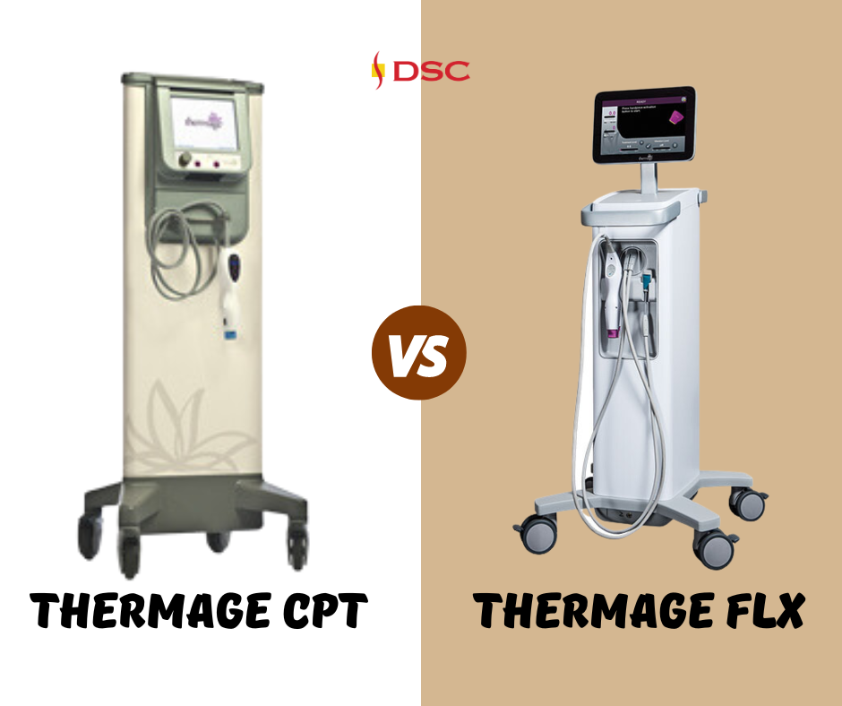 Thermage CPT 4th generation device on the left versus Thermage FLX 5th generation device on the right graphic