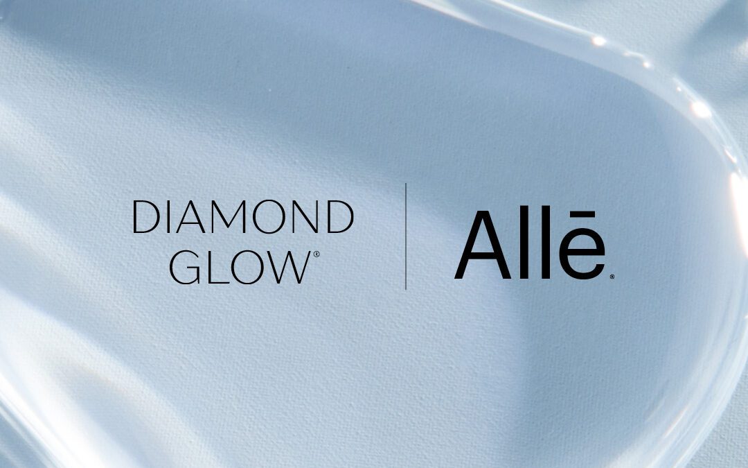 DiamondGlow and Alle logos over water droplet and blue background image, blog banner image for $30 off DiamondGlow facial treatments