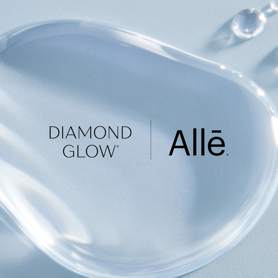 DiamondGlow and Alle Blog Banner Featured Image $30 Off DiamondGlow and Alle logos over water droplet and blue background image, blog banner image for $30 off DiamondGlow facial treatments