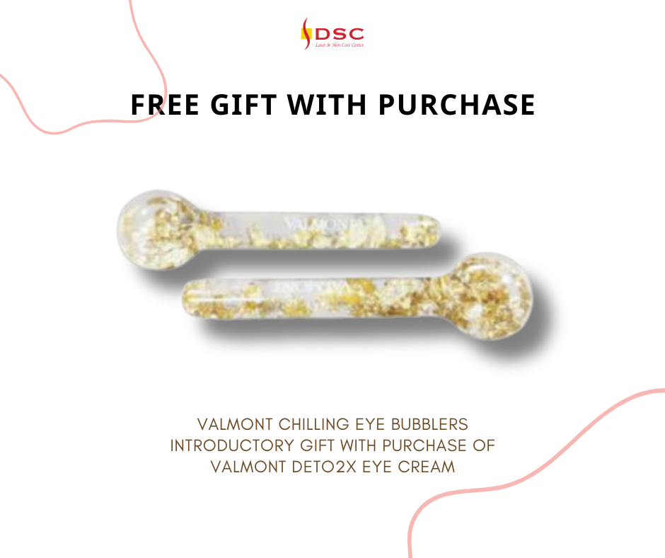"Free Gift with Purchase" text over Valmont chilling eye bubblers gold-filled facial rollers image with text " Valmont Chilling Eye Bubblers, free gift with purchase of Valmont Deto2x Eye Cream" and DSC Laser & Skin Care Center Logo at center top
