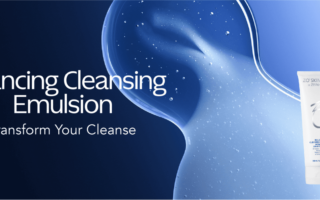 Balancing Cleansing Emulsion ZO Skin Health Product on the right with the text "Balancing Cleansing Emulsion & transform your cleanse" to the left over a black and blue background