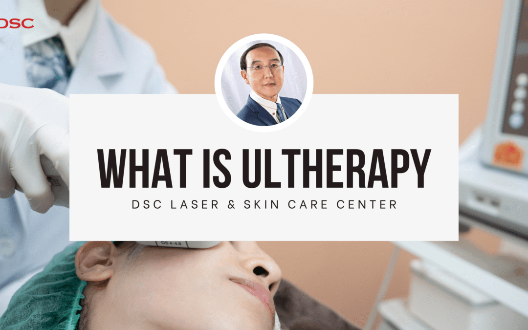 DSC blog banner with Ultherapy device and person with Ultherapy handpiece on their face as background, with Dr. Tony K Shum headshot in center above the text: "What is Ultherapy" and "DSC Laser & Skin Care Center"