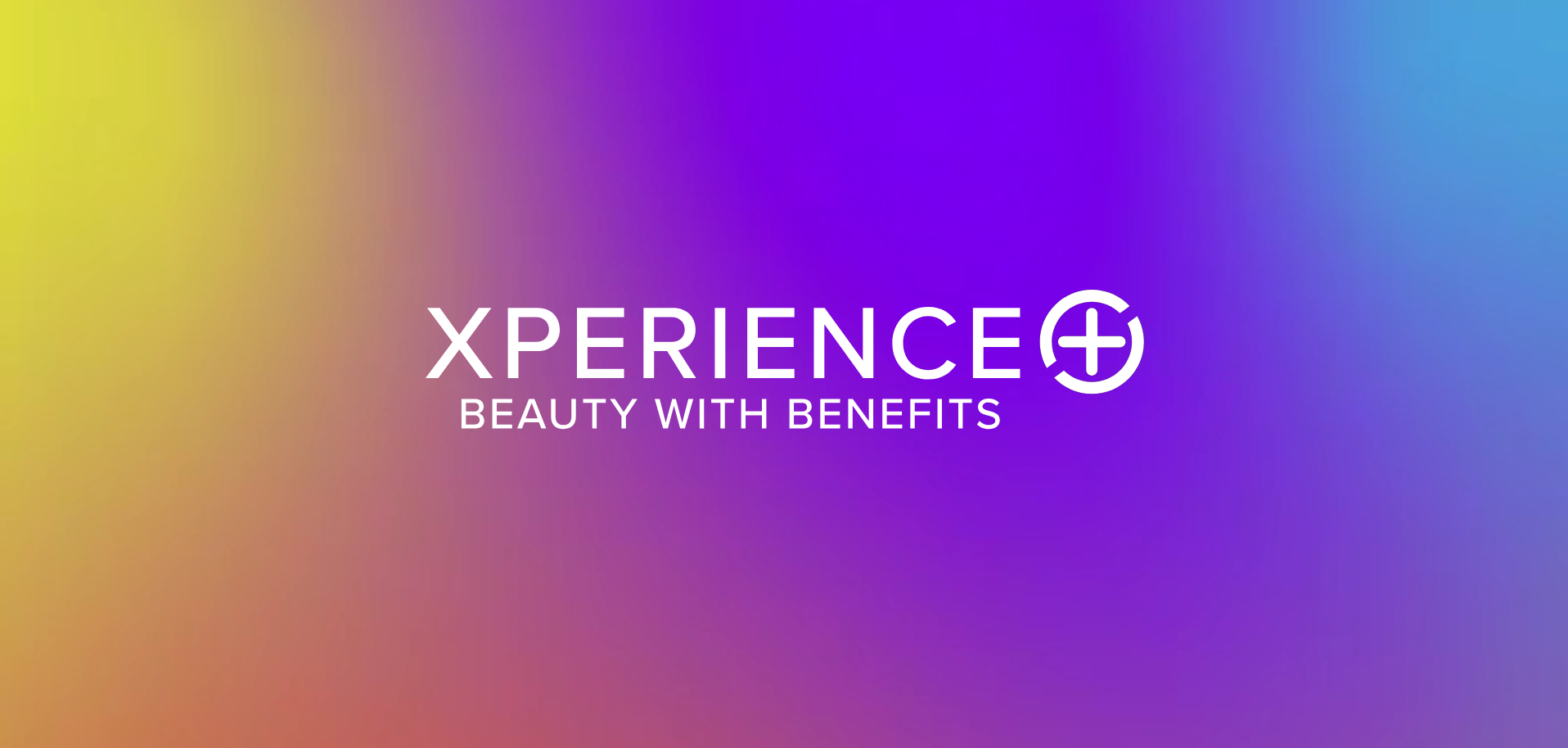 Xperience+ Beauty with Benefits Text over rainbow colored background