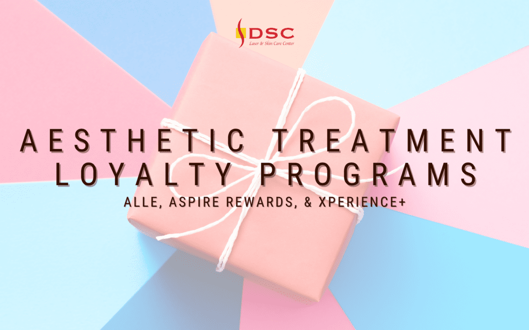 DSC logo at center top with "aesthetic treatment loyalty program" text above the text "Alle, Aspire Rewards, & Xperience+" with image of an orange, blue, turquoise, and pink gift as background
