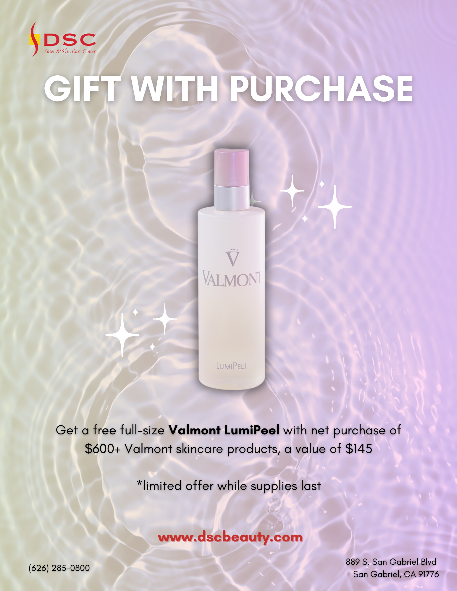 free valmont lumipeel with $600 purchase of Valmont products, featuring Valmont Lumipeel product over water ripple gradient background