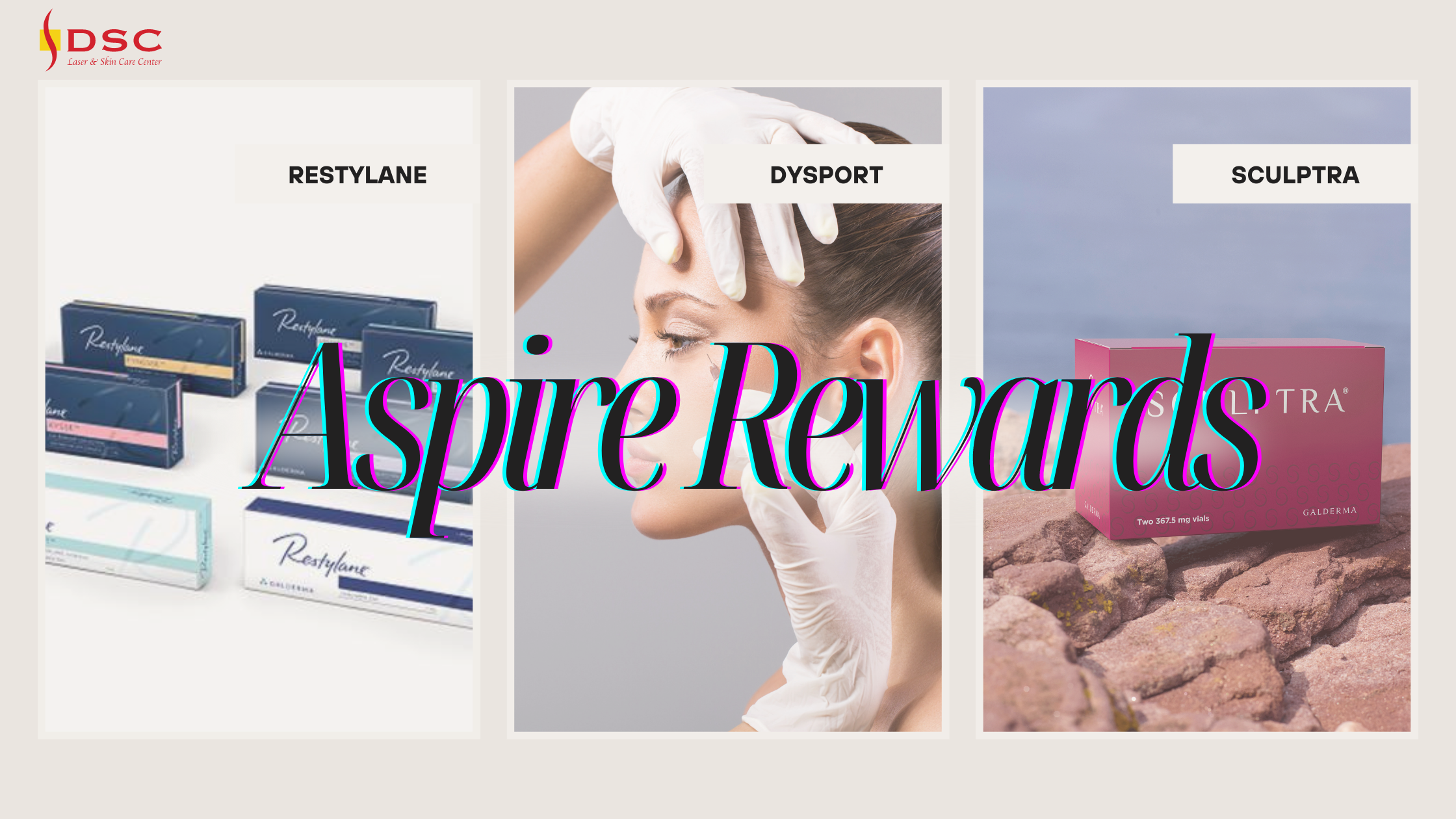 DSC Aspire Rewards Blog Banner featuring images of Restylane dermal fillers, Dysport, and Sculptra injectables from left to right with the text "Aspire Rewards" overlaid in the center