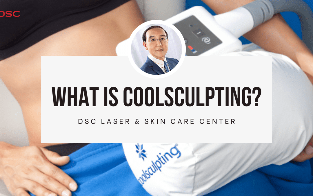 What is Coolsculpting Blog Banner featuring image of woman's torso with Coolsculpting handpiece applied and a white Coolsculpting pillow supporting the handpiece as background. Foreground is Dr. Tony Shum headshot and the text "What is Coolsculpting?" above the text "DSC Laser & Skin Care Center" on a white rectangle