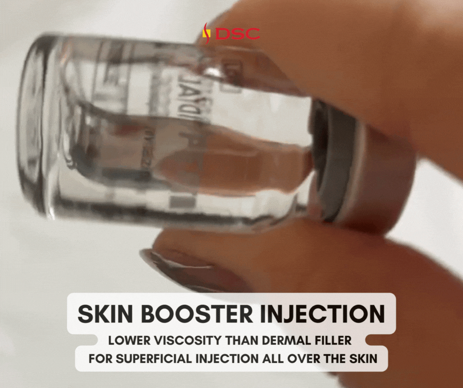 DSC Skin Booster Injection Viscosity gif showing vial of skin booster injection solution being turned to demonstrate viscosity