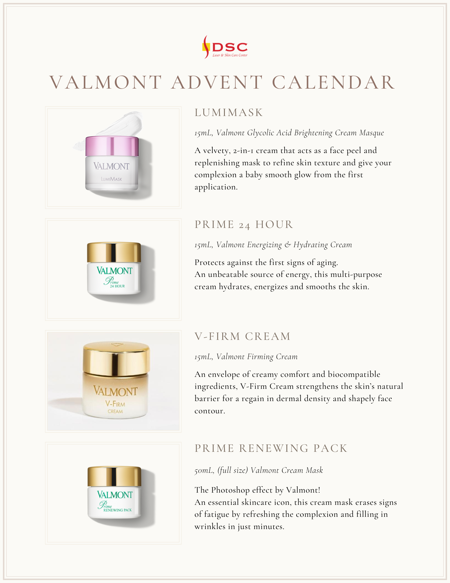 DSC Valmont 2023 Advent Calendar contents, page 1 of 3 with first 4 skincare items included from top to bottom: Valmont Lumimask AHA/Glycolic Acid Exfoliating masque, Valmont Prime 24 Hour Cream, Valmont V-Firm Cream, and Valmont Prime Renewing Pack cream masque