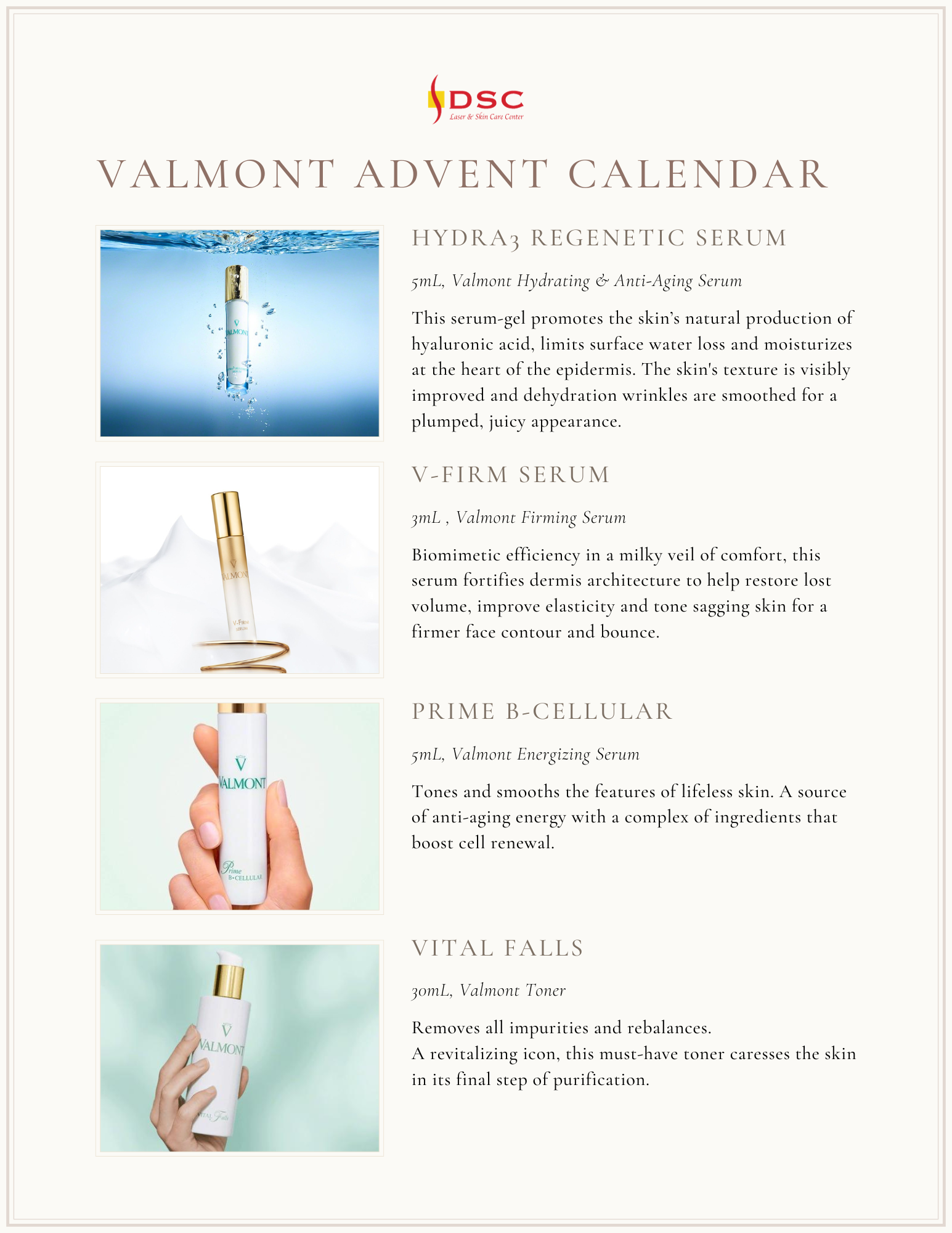 DSC Valmont 2023 Advent Calendar contents, page 2 of 3 with fifth through eighth skincare items included from top to bottom: Valmont Hydra3 Regenetic Serum, Valmont V-Firm Serum, Valmont Prime B Cellular Serum, and Valmont Vital Falls toner