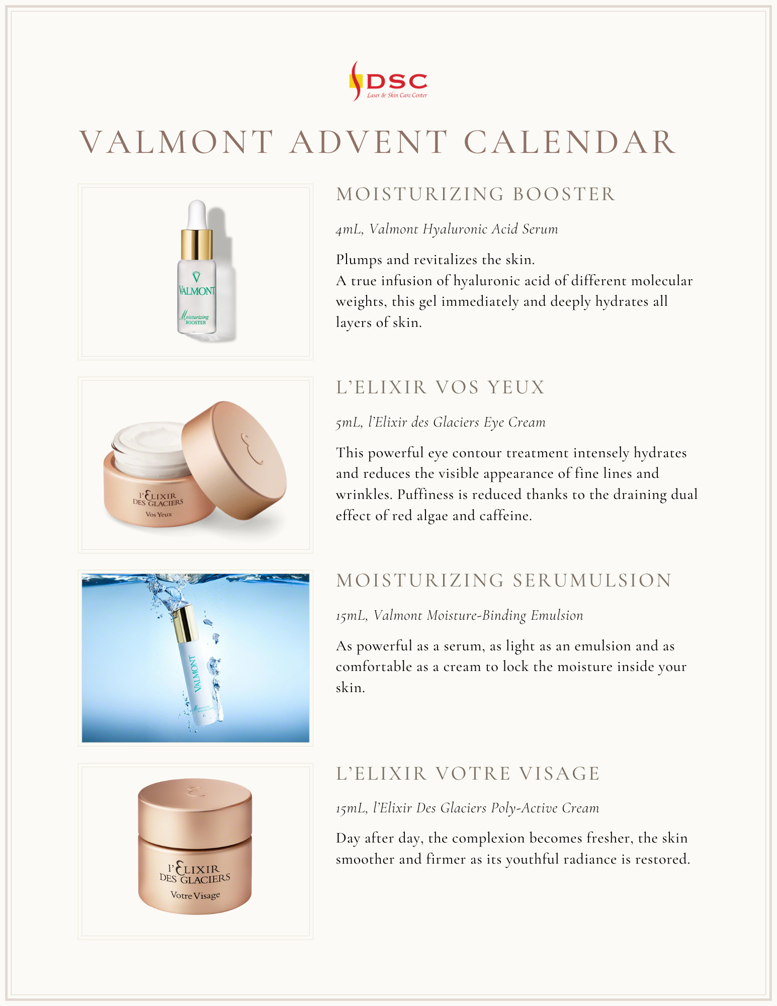 DSC Valmont 2023 Advent Calendar contents, page 2 of 3 with ninth to twelfth items included from top to bottom: Valmont Moisturizing Booster hyaluronic acid serum, L'Elixir des Glaciers Vos Yeux premium eye cream, Valmont Moisturizing Serumulsion, and L'Elixir des Glaciers Votre Visage premium face cream