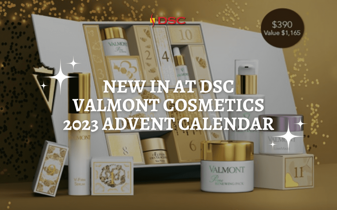 "New In At DSC Valmont Cosmetics 2023 Advent Calendar" text centered over Valmont Advent Calendar set image of holiday set with products inside and DSC logo center top