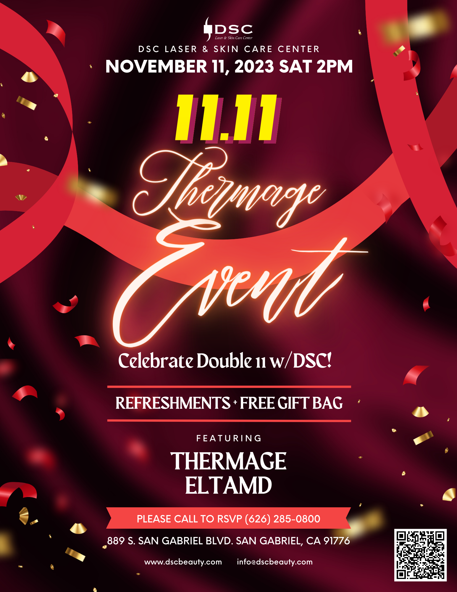 DSC 11/11 Singles' Day Thermage Event Flyer 2023 featuring red background and confetti shimmer with red ribbon and the text "11.11" over " Thermage Event" and "Celebrate double 11 with DSC"