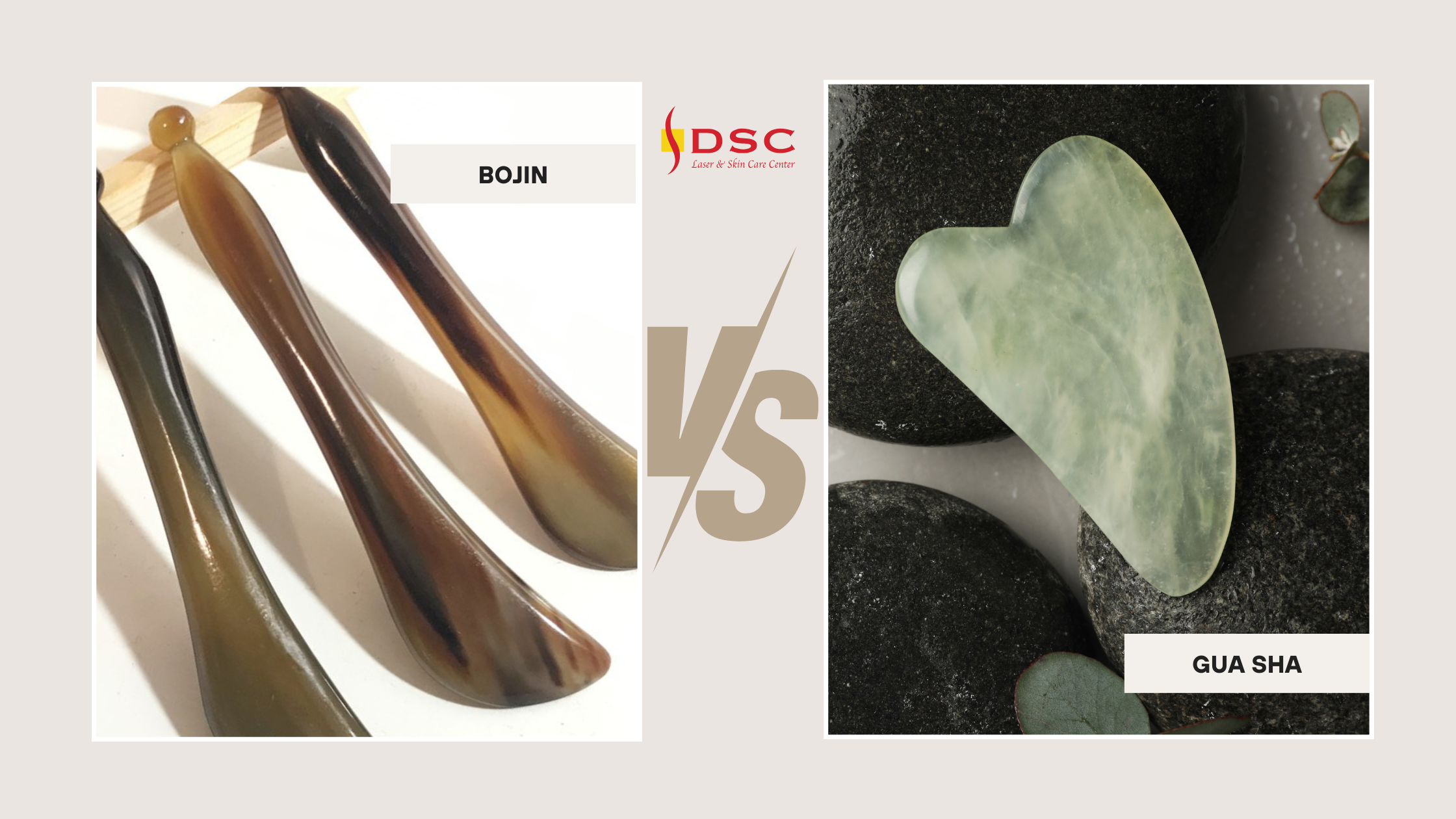DSC Bojin Vs Gua Sha Tools Blog Graphic depicting Bojin tool on the left and image of Gua Sha tool on the right with a "vs" graphic in the middle